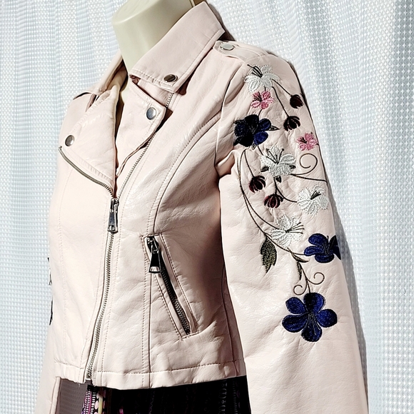 Me Jane Blush Pink Faux Leather Aviator Jacket Floral Embroidered (M/10 Girls) - Picture 4 of 14